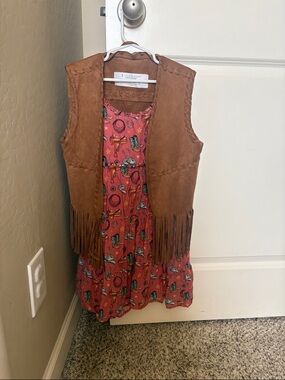Kids Adorable Western Print  Dress With Fringe Vest